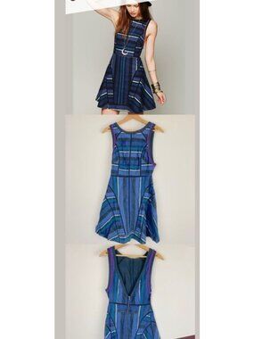 "Free People New Romantics Beaded Striped Mini Dress Size 6 Blue Black Boho Fit